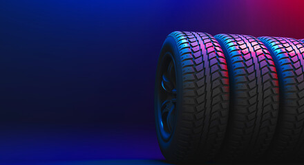 New car tire profile. Tire tread. Car wheel. Black rubber automotive tire. Auto service concept, changing wheels. Tire shop. Public transport. Neon Concept. Motor sports, 3D Rendering.