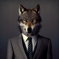 Business wolf. The human body in a business suit with the head of a wolf. Ai created creative illustration. Symbol of cunning, lies, distrust, danger in business