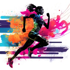 Colourful painted portrait of a female runner, bold brush strokes, grunge image technique. Ai generated illustration