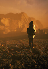 Lone teenage girl in jacket and backpack stands in a misty rocky landscape under a cloudy sky during sunset. Rear view. 3D render.