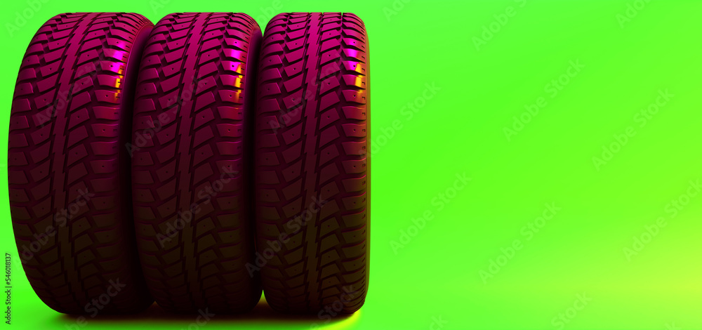 Wall mural New car tire profile. Tire tread. Car wheel. Black rubber automotive tire. Auto service concept, changing wheels. Tire shop. Public transport. Neon Concept. Motor sports, 3D Rendering.