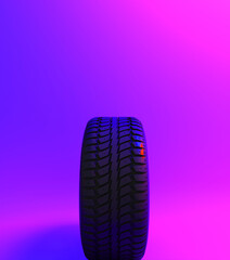 New car tire profile. Tire tread. Car wheel. Black rubber automotive tire. Auto service concept, changing wheels. Tire shop. Public transport. Neon Concept. Motor sports, 3D Rendering.