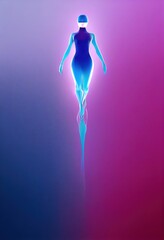 Abstract silhouette of soaring human, neon colors. Ai generated illustration