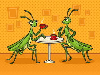two cartoon mantis girls gossiping in cafe pinup pop art retro vector illustration. Comic book style imitation.
