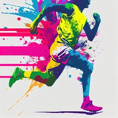 Obraz premium Colourful painted portrait of a runner, bold brush strokes, grunge image technique. Ai generated illustration