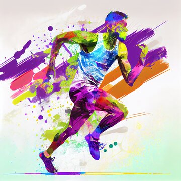 Colourful painted portrait of a runner, bold brush strokes, grunge image technique. Ai generated illustration