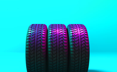 New car tire profile. Tire tread. Car wheel. Black rubber automotive tire. Auto service concept, changing wheels. Tire shop. Public transport. Motor sports, 3D Rendering.