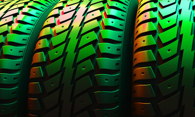 Fototapeta premium New car tire profile. Tire tread. Car wheel. Black rubber automotive tire. Auto service concept, changing wheels. Tire shop. Public transport. Motor sports, 3D Rendering.