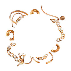 Frame of golden bracelet, chaintet, earrings watercolor illustration isolated on white background.