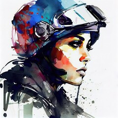 Artistic portrait of the woman in motorcycle helmet, visor is open. Generative art