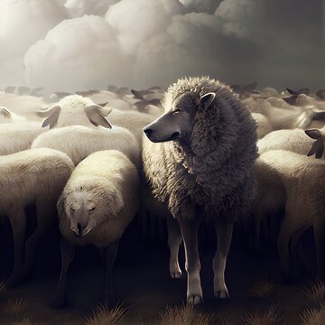 Wolf in sheep's clothing in the herd of sheeps. Ai generated illustration