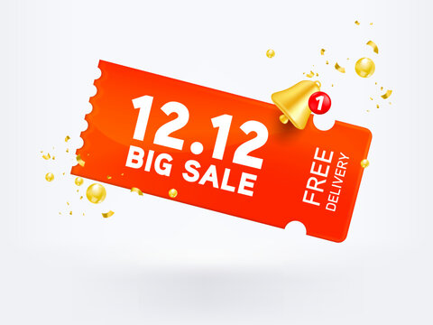 3D Gift Voucher Big Sale Coupon. For Business Promotion Sales And Discount Online Purchases. Tag Label, Banner With Golden Bell Isolated. 3d Rendering.