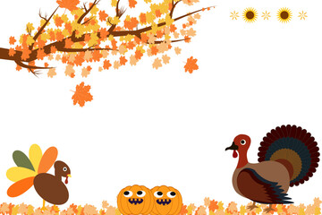 Thanksgiving day Border with autumn leaves and Turkey hen, corn, Pumpkin. Thanksgiving festival banner, poster, greeting card, text lettering Thanksgiving day copyspace.