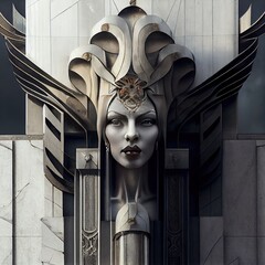 Brutalist art deco goddess facade generated with Artificial Intelligence