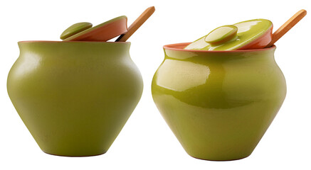 Green glazed clay pot with lid for cooking isolated on a transparent background