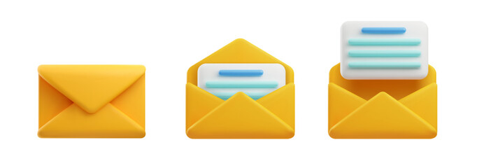A set of 3d vector icons with an envelope and a letter. An open and closed envelope with a document. The concept of email.
