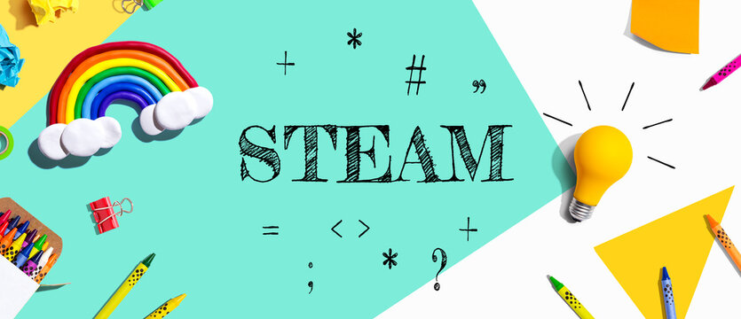 STEAM theme with school supplies overhead view - flat lay