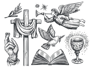 Christian wooden cross, Blessing hand, Flying dove with olive branch, Angel, Open bible, Holy Grail. Religion symbols