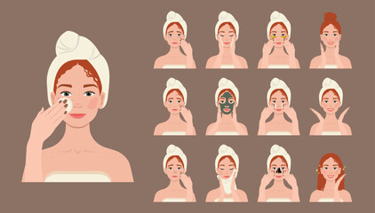Fototapeta Young ginger woman making her daily skincare routine and various facial procedures. Face skin care Step-by-step set. Flat minimalistic vector illustration. obraz