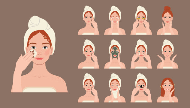 Young ginger woman making her daily skincare routine and various facial procedures. Face skin care Step-by-step set. Flat minimalistic vector illustration.