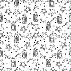 Fototapeta premium Vector hand drawn Christmas seamless pattern. Black and white background.