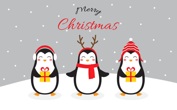 Cute characters Christmas penguins on a snowy background. Christmas greeting card. Vector illustration in doodle style