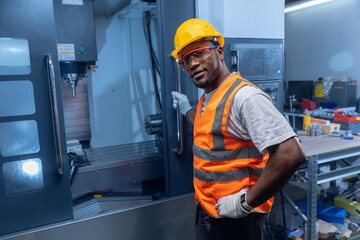 Professional african american engineer working on CNC machinery, blue toning