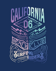 California surfing riders Typography Beach club Summer gradient hand drawn typographic poster graphics Design vector t shirt print,poster, banner