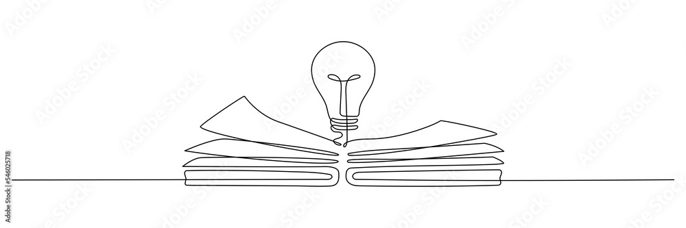 Wall mural light bulb above book continuous one line art drawing. line drawing open book with lamp idea symbol.