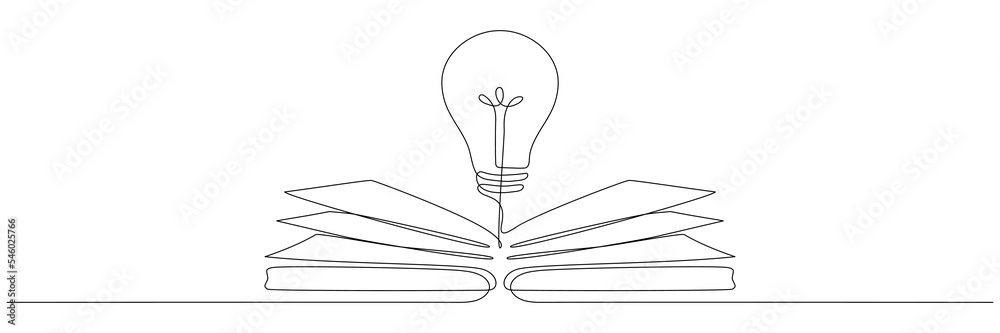 Wall mural light bulb above book continuous one line art drawing. line drawing open book with lamp idea symbol.