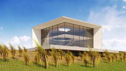 render of an isolated villa on a grassy sea