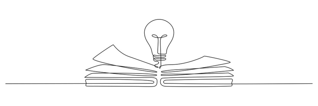 Light bulb above book continuous one line art drawing. Line drawing open book with lamp idea symbol. School education concept. Vector illustration isolated on white.