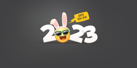 2023 Happy new year horizontal banner with funny smile face with rabbit ears and sunglasses isolated on grey background. 2023 new year banner, poster, flyer, cover with funny cute rabbit