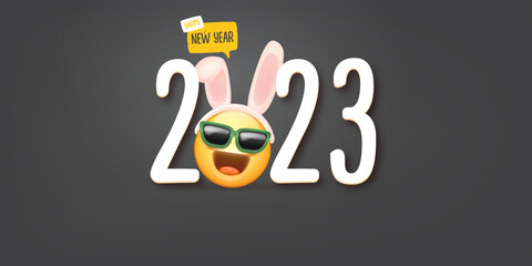 2023 Happy new year horizontal banner with funny smile face with rabbit ears and sunglasses isolated on grey background. 2023 new year banner, poster, flyer, cover with funny cute rabbit