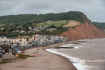 Fototapeta na wymiar view of Sidmouth a Regency town located along the Jurassic coast with Salcombe Hill Cliffs in the background