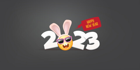 2023 Happy new year horizontal banner with funny smile face with rabbit ears and sunglasses isolated on grey background. 2023 new year banner, poster, flyer, cover with funny cute rabbit
