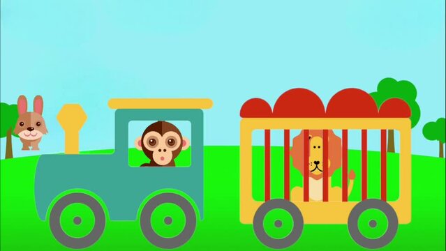 Cute Circus animals, monkey driving cart. animated,  bunny in the background hopping.