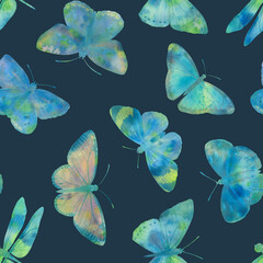 Seamless watercolor pattern, abstract botanical background, bright butterflies for design, wallpapers, invitations.