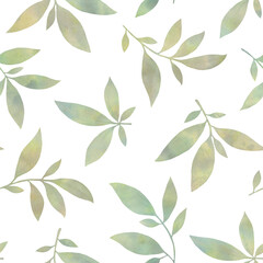 Green watercolor leaves isolated on white background. Seamless abstract pattern