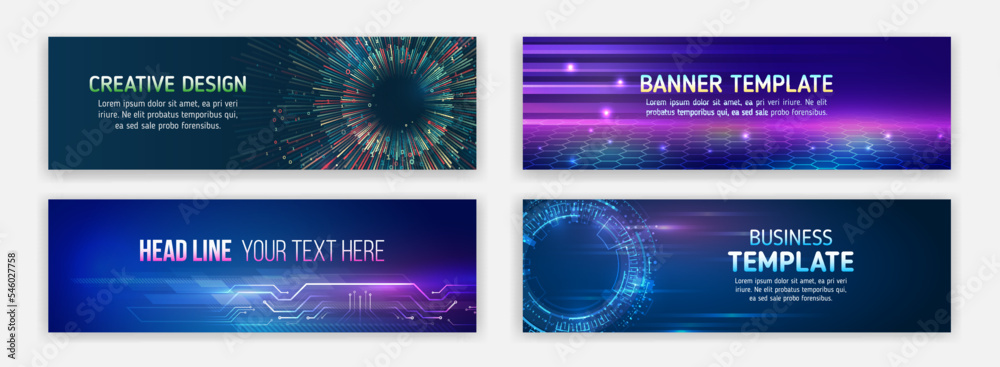 Aufkleber Abstract horizontal promotion media cover design. Big data futuristic web background. Visualization of data arrays, databases. Information flow, sorting. Set of Hi-tech banner templates for websites.