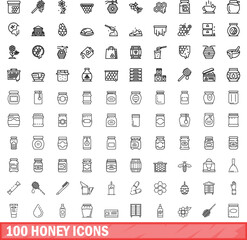 Obraz na płótnie Canvas 100 honey icons set. Outline illustration of 100 honey icons vector set isolated on white background