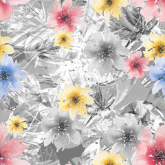 Seamless vintage pattern, flowers. Plant in watercolor. Seamless graphic watercolor pattern, background. Abstraction, design, splash of watercolor paint. Abstract graphic. Field and garden flowers. 