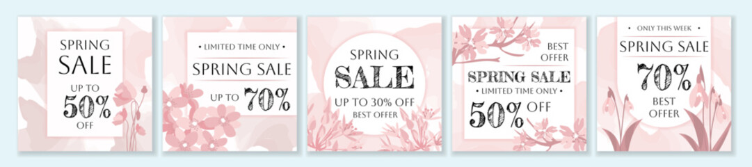 Spring Sale square template set for ads posts in social media. Bundle of pink layouts with seasonal flowers and wildflowers. Suitable for mobile apps, banner design and web ads. Vector illustration.