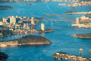 Sydney, Australia. View of city harbour from a flying airplane