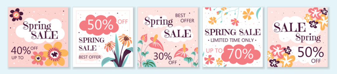 Spring Sale square template set for ads posts in social media. Bundle of layouts with different flowers, blooms with leaves. Suitable for mobile apps, banner design and web ads. Vector illustration.