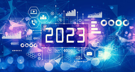 2023 New Year concept with technology blurred abstract light background