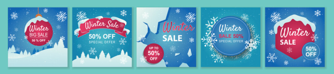 Winter and Christmas Sale square template set for ads posts in social media. Layouts bundle with snowflakes and snowy trees. Suitable for mobile apps, banner design and web ads. Vector illustration.