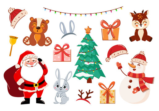 Elements of Christmas and New Year on a white background. Characters and Christmas items.Vector illustration