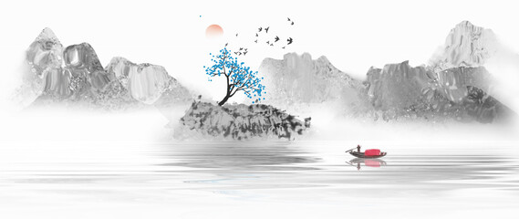 China's traditional Chinese painting ink in the mountains. hand drawn watercolor mountain landscape. Watercolor forest winter landscapes.  © wijhatun