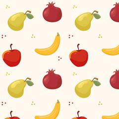Fruit pattern. Apple, banana, pomegranate, pear on a pattern for textiles, wallpapers, fabrics, backgrounds. Fruits for culinary publics